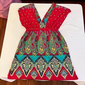 White Mark 3XL Mid Length Dress Swirl Design Low Cut Pink Blue